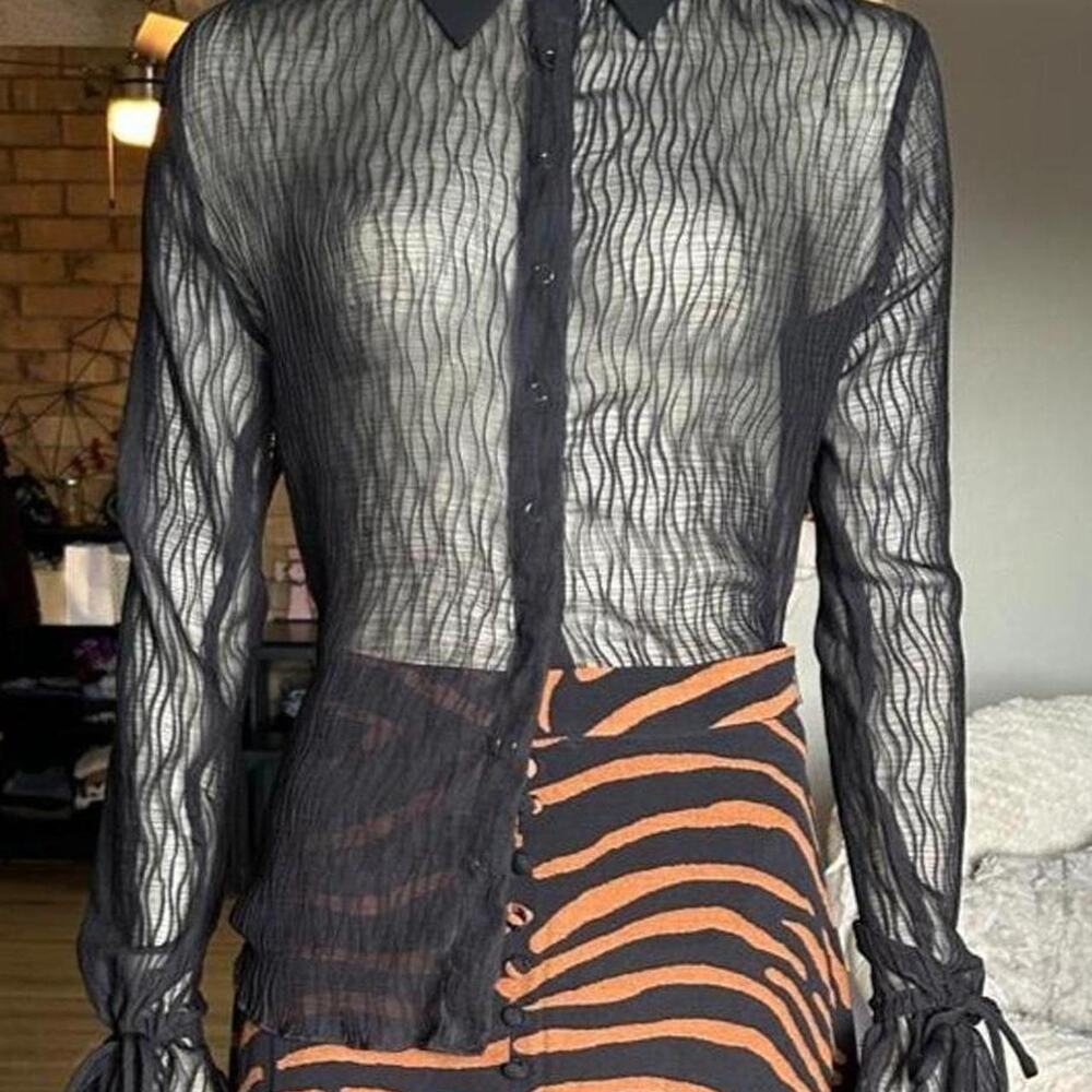 Isalis black sheer blouse with tie sleeves